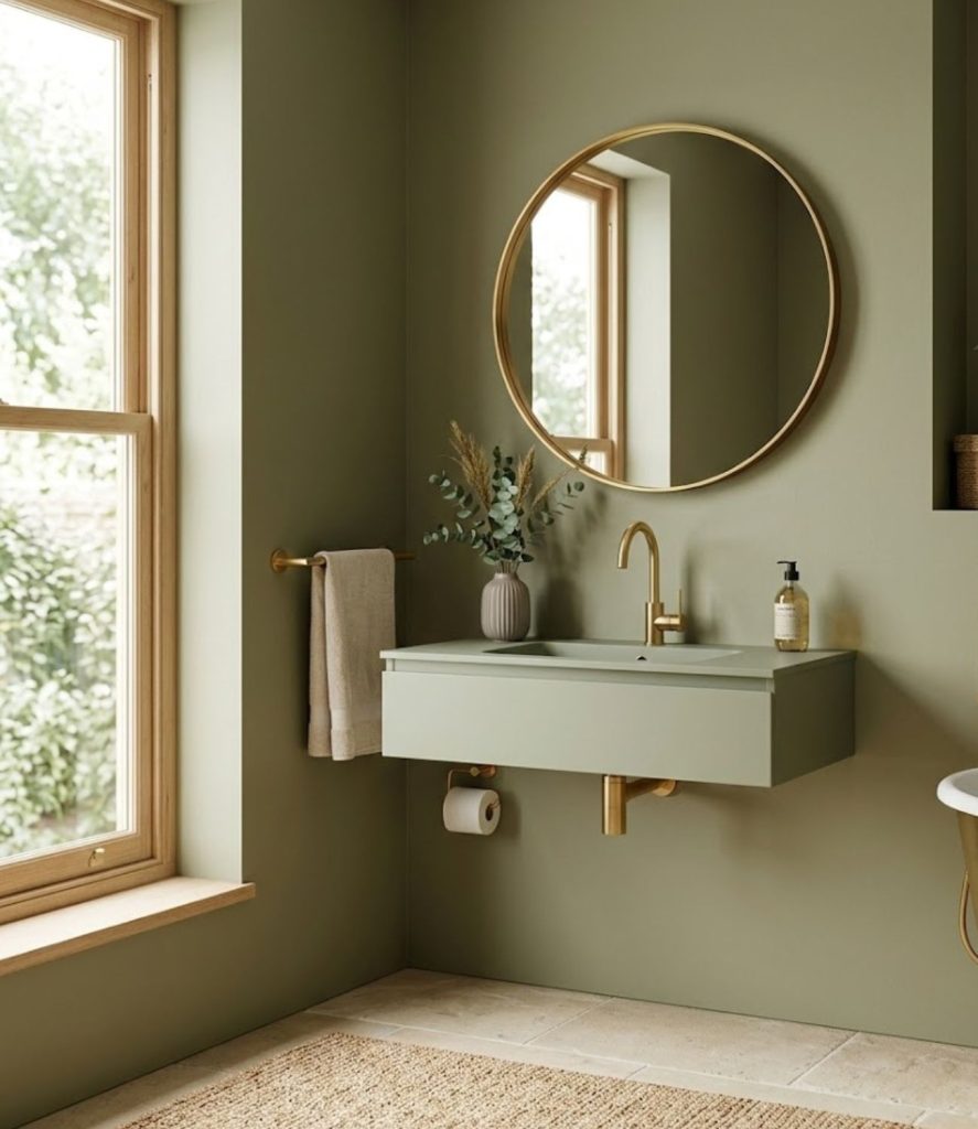 11. Sage Green and Brass Fixtures