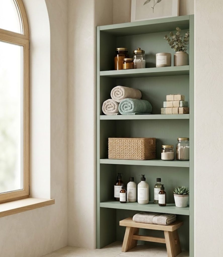 12. Sage Green Open Shelving