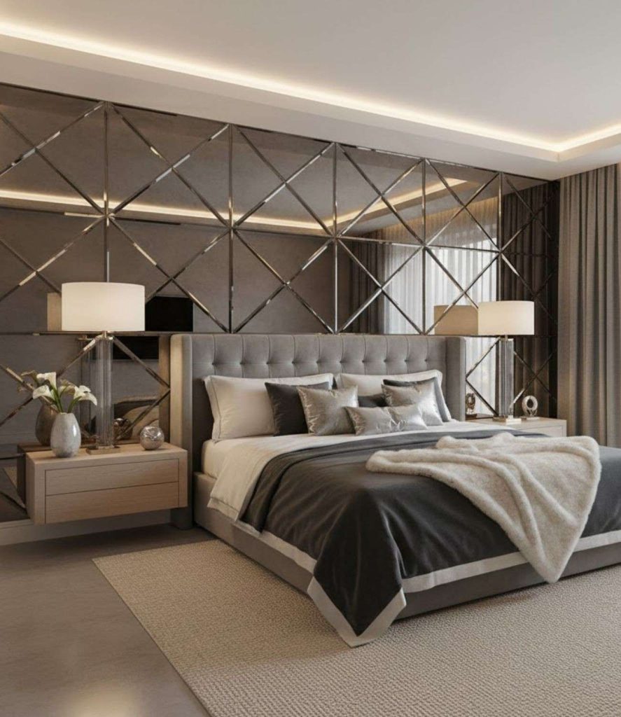 13. Mirrored Accent Wall Behind the Bed