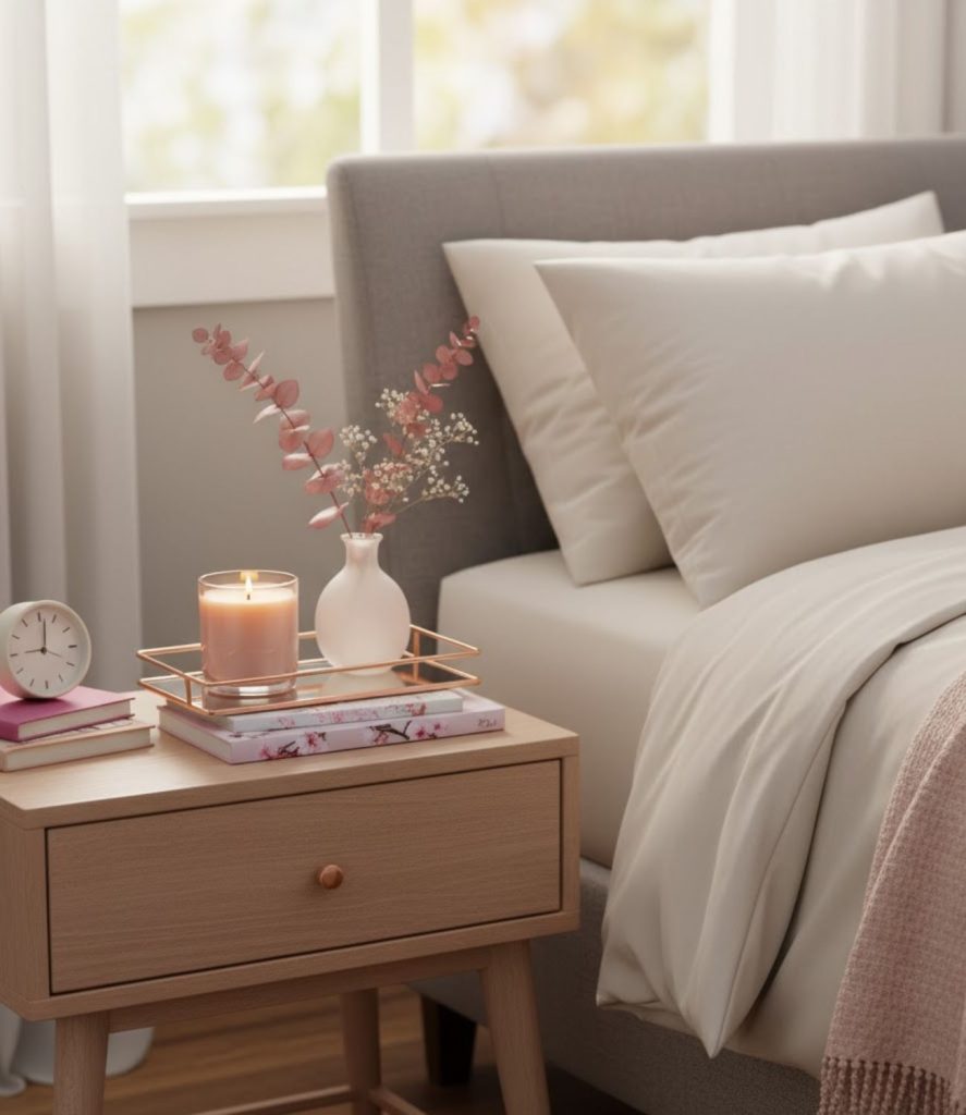 14. Pink Bedside Decor for Small Stylish Details