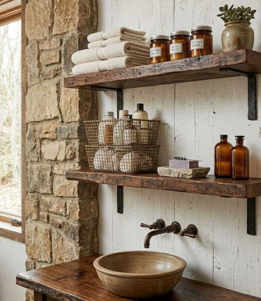 5. Rustic Open Wooden Shelving