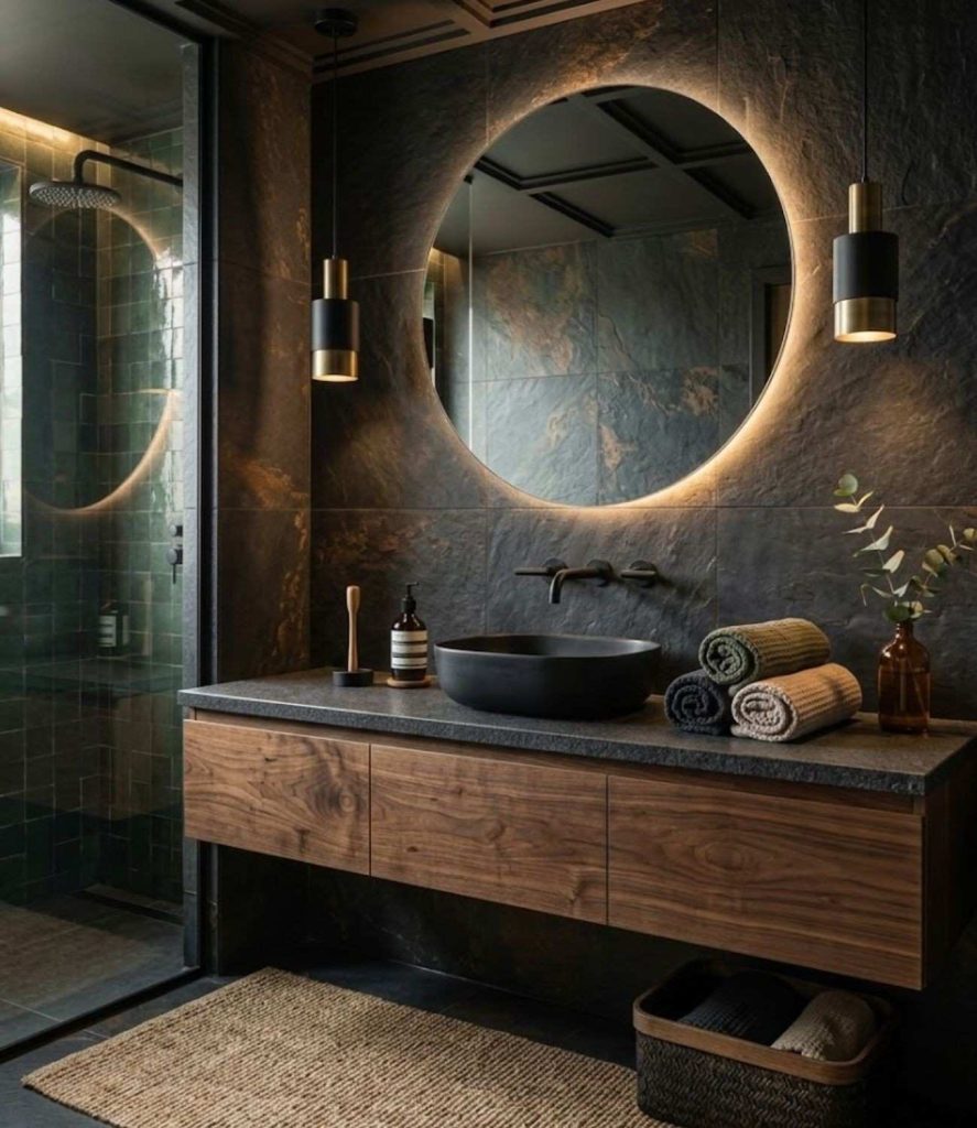 6. Dark Wood Vanity for Warmth