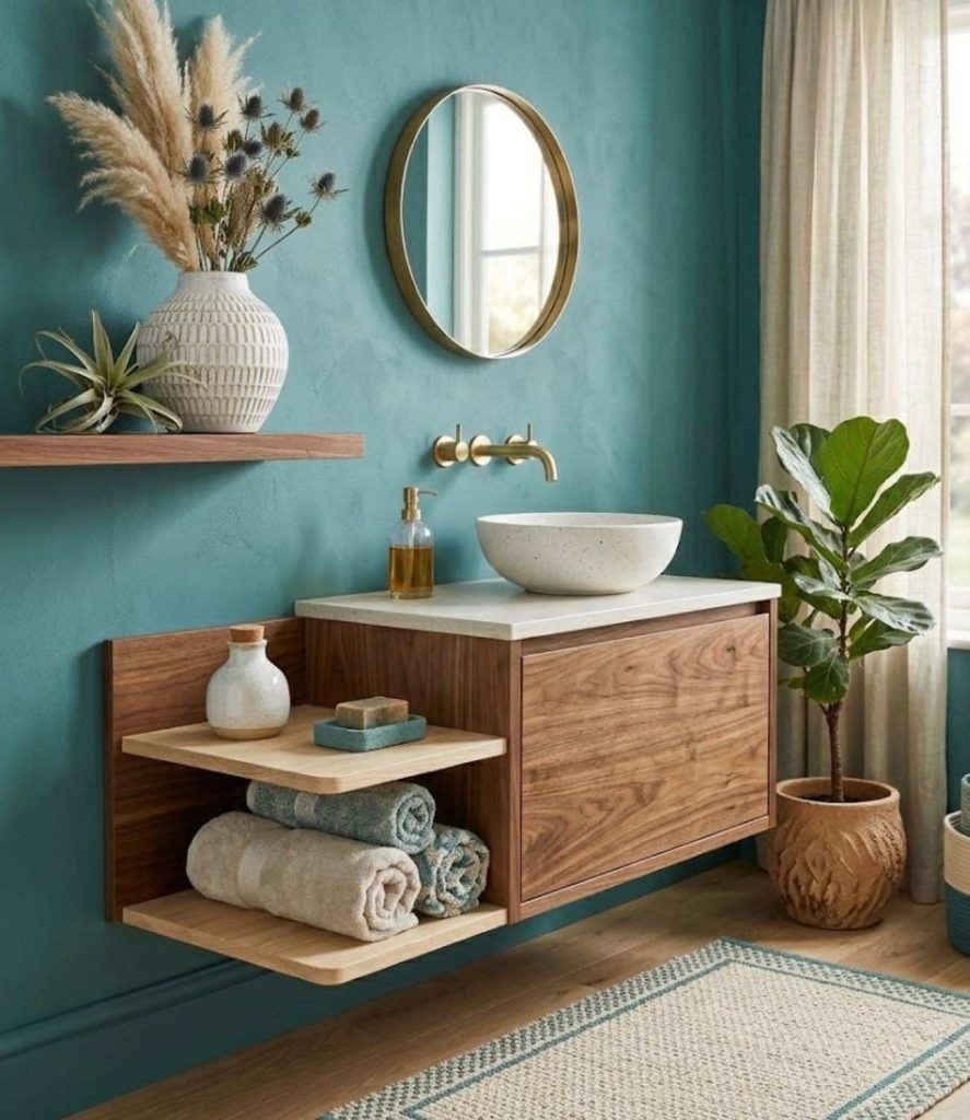 7. Teal and Wood Warm Contrast