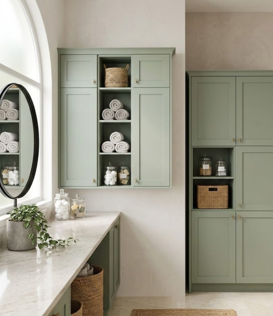 9. Sage Green Storage Cabinets