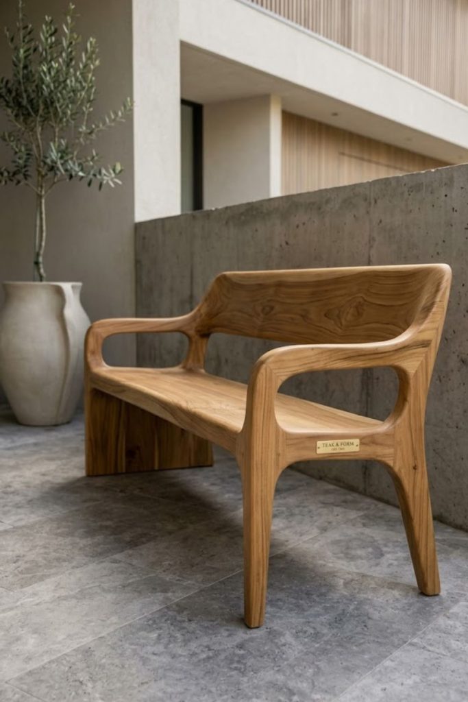 8. Teak Bench with Sculpted Design